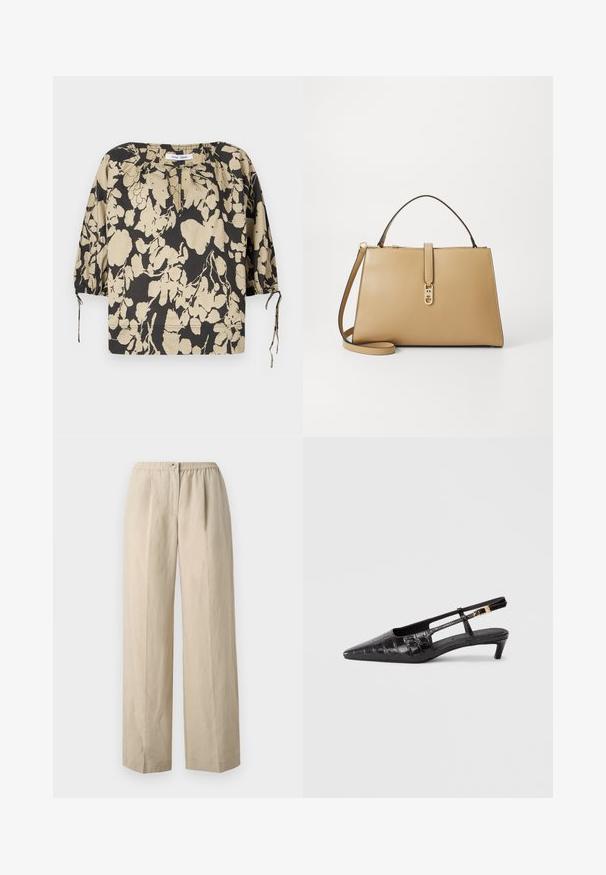 Must ja beež lillemustriga pluus, lõdva lõikega, ümmarguse kaelusega ja patsiliste varrukatega. Kaelusel on nöörid ja varrukate mansetid on elastsed.; Beežid, laiad püksid pehmest kangast, kogutud elastse vöökoha ja ees oleva nööbiga kinnitusega. Sile tekstuur koos voldikutega.; Must mustakohviline teravapealne slingback-kets krokodillimustriga, väikese jaotusega kontsaga ning reguleeritava rihmaga, millel on metallist kinnitusega detail.; Tommy Hilfiger LIBRE SATCHEL - Käekott - safari