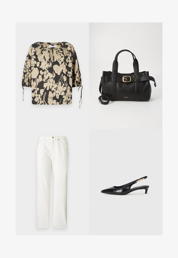 Black and beige floral blouse with a relaxed fit, round neckline, and puff sleeves. Features ties at the neckline and elastic cuffs.; White denim pants with a straight leg design, featuring a front button closure and subtle texture. Includes side pockets and minimal hardware.; Black leather slingback heels with a pointed toe, featuring a slim heel and a gold-tone accent on the adjustable strap. Smooth texture.; Black leather handbag featuring a structured design, dual top handles, gold-tone buckle accent, and embossed brand logo at the front.