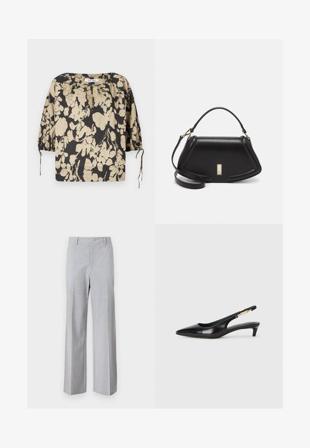 Black and beige floral blouse with a relaxed fit, round neckline, and puff sleeves. Features ties at the neckline and elastic cuffs.; Light gray trousers featuring a tailored design, wide leg shape, smooth texture, and front pleats. No visible pockets or hardware details.; Black leather slingback heels with a pointed toe, featuring a slim heel and a gold-tone accent on the adjustable strap. Smooth texture.; Black leather handbag with a structured design, featuring a cropped shape, top handle, and gold hardware accent. Adjustable shoulder strap included.