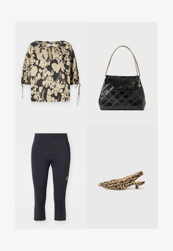 Crna i bež cvjetna bluza opuštenog kroja, okruglog izreza i naboranih rukava. Ima vezice na izrezu i elastične manžete.; Crne biciklističke hlače do tri četvrtine izrađene od glatkog, rastezljivog materijala. Imaju podstavljeni umetak i mali logotip na donjem dijelu noge.; Bež slingback cipele s leopard uzorkom, šiljatim vrhom, tamnosmeđim mrljama, malom blok petom i mekanom teksturom.; Crna prešivana kožna torba s ručkom od srebrnog lanca, sa strukturiranim dizajnom i glatkom teksturom.