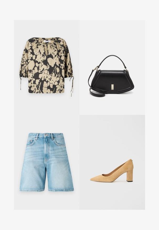 Sort og beige blomsterbluse med løs pasform, rund halsudskæring og pufærmer. Har bindebånd ved halsudskæringen og elastiske manchetter.; Lyseblå denimshorts med afslappet pasform, der har fem lommer, bæltestropper og en falmet tekstur. Kanten er lige og syet.; Beige ruskind højhælede pumper med spidse tæer og en kraftig blokhæl. Materialet har en blød tekstur med en glat overflade.; Sort læderhåndtaske med en struktureret design, der har en kortet form, tophåndtag og guld hardware-accenter. Justerbar skulderrem inkluderet.