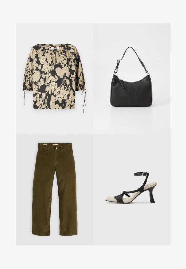 Juoda ir smėlinė gėlėta palaidinė laisvo kirpimo, su apvalia iškirpte ir pūstomis rankovėmis. Su raišteliais prie iškirptės ir elastinėmis rankogalėmis.; Tamsiai žalia velveto kelnės su tiesia koja, turinčios priekinės kišenes ir mygtukų apdarą, rodančios vertikalią raukšlių tekstūrą.; Juodų aukštakulnių sandalų su pintu dirželiu dizainas, kvadratine nosimi ir reguliuojamu kulkšnies dirželiu. Šviesiai bežė padas su blizgiu juodu kulnu.; Juoda odinė rankinė su išlenkta forma, viena dirželiu, užtrauktuko uždarymu ir subtiliu ženklinimu priekyje. Lygus paviršius, minimalistinis dizainas.