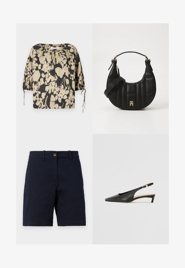 Črna in bež cvetna bluza sproščenega kroja, z okroglim izrezom in napihnjenimi rokavi. Ima vrvice na izrezu in elastične manšete.; Tirane modre kratke hlače iz bombaža z gumbom, zankami za pas in ravnim krojem. Gladka tekstura brez vidnih vzorcev.; Črne usnjene slingback pete s koničastim nosom, nizko peto in nastavljivim gležnenim trakom, ki ima zaponko z zlatim odtenkom. Gladka tekstura.; Črn usnjen ročni torbica s ukrivljeno obliko, prešito teksturo in zlatim okovjem. Ima snemljiv naramni trak in podrobnost z logotipom.