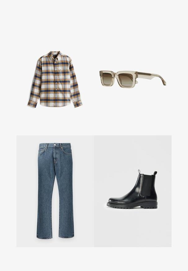 Camicia abbottonata con un motivo a quadri beige, blu e giallo. Realizzata in un tessuto dalla morbida trama. Include una tasca sul petto.; Jeans in denim blu con design a gamba dritta, dotati di chiusura classica con bottone e zip, cinque tasche e una leggera scoloritura.; Stivali Chelsea in pelle nera con pannelli elastici laterali, una linguetta per una facile indossatura e una suola in gomma resistente con una presa texturizzata.; Occhiali da sole quadrati con montatura beige chiara e lenti marroni sfumate. Le stanghette sono eleganti e presentano un dettaglio di design sottile.