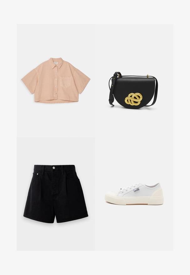 Gara īsām piedurknēm izgriezta krekls no gaiši persiku denima, ar pogām priekšpusē un krūšu kabatu ar tonālā šuvumu. Mīksta tekstūra.; Melnas denim šortus ar taisnu griezumu, ar pogu aizdari, divām priekšējām kabatām un mīkstu, teksturētu audumu.; Love Moschino Sporta apavi - bianco; Melna ādas rokas soma ar noapaļotu formu, ar lielu zelta dekoratīvu mezglu priekšpusē un regulējamu siksnu.