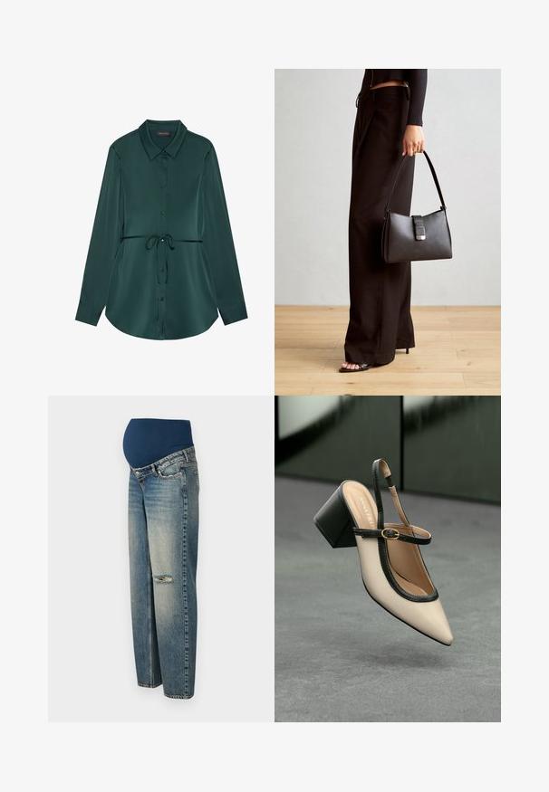 Srajca z dolgimi rokavi v temno zeleni satenasti barvi z ovratnikom, zapenjanjem na gumbe, pasom z vrvico in ukrivljenim spodnjim robom za sproščen videz.; Materinske hlače z temno modrim, raztegnjenim pasom in svetlo modrimi, poškodovanimi denimo nogami. Imajo poškodovan detajl na kolenu.; Bež visoka petka z odprtim zadnjim delom, koničastim sprednjim delom, črnim robom in zaponko. Gladek material z mat zaključkom, srednje debela petka.; Črna torbica z strukturirano obliko, gladko teksturo in kovinskim zaponko. Ujemajo se z širokimi črnimi hlačami in odprtimi sandali na lesenem tleh.
