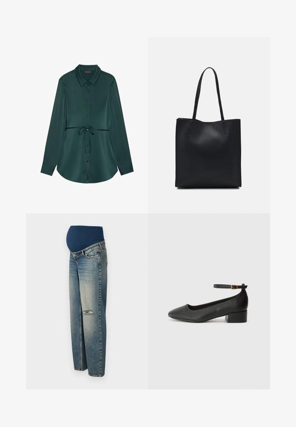 Langermet skjorte i mørkegrønn satin med krage, knappestolpe, snøring i midjen og buet kant for en avslappet passform.; Graviditetsjeans med en mørkeblå, elastisk midjebånd og lyseblå, slitte denimben. Har en revne detalj på det ene kneet.; Sorte skinnpumper med spiss tå og lav blokkhelt. Har ankelrem med gullfarget spenne. Glatt tekstur.; Svart lær tote bag med glatt tekstur, rektangulær form og to lange håndtak. Ingen synlige deler eller dekorasjoner.