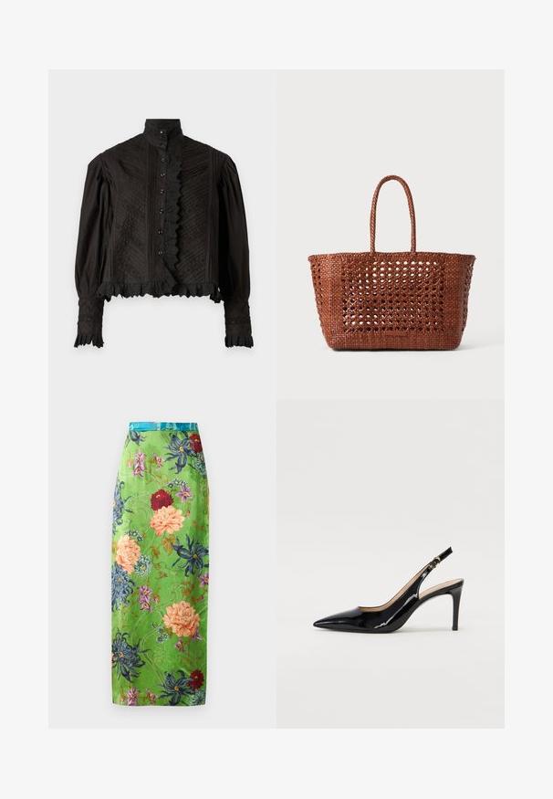 Blouse noire texturée avec un col haut, fermeture à boutons, bords volants et motifs décoratifs. Elle présente des manches longues bouffantes.; Jupe midi florale en satin vert, ornée de fleurs colorées en rose, bleu et rouge. Fini avec une taille en teal et des motifs complexes.; Pompe slingback en cuir verni noir avec un bout pointu, un talon fin et un design de découpes subtil. Elle dispose d'une boucle dorée sur la sangle.; Sac fourre-tout en toile marron tissé avec un motif ouvert, de forme rectangulaire, et deux poignées tressées. Doté d'un fond solide pour un bon soutien.