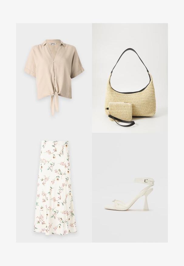 Beige cropped shirt with short sleeves, a vertical collar, button closure, and a tied knot detail at the front. Made of lightweight fabric.; Flowy, cream-colored skirt with a floral pattern featuring pink flowers and green leaves. Soft fabric with a slightly textured finish.; Strappy high-heeled sandal in white leather with a sleek design, a transparent block heel, and a decorative element at the toe.; Woven straw handbag with a curved silhouette, featuring a smooth black leather strap and a matching small pouch attached by a wrist strap.