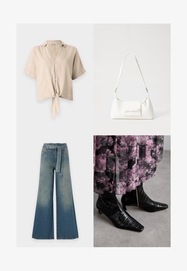 Beige avskåret skjorte med korte ermer, vertikal krage, knappestilling og en knyttedetalj foran. Laget av lett stoff.; Bredde ben jeans med en lyseblå til mørkeblå gradient, høyt liv, beltehemper og et matchende belte i samme stoff. Teksturert denimoverflate.; Sorte lær ankle boots med krokodille tekstur, spiss tå og liten blokkhel; har en gull glidelås detalj på siden.; Hvit syntetisk håndveske med trekantet form, flat klaff foran og sløyfe detaljer, justerbar stropp, glatt tekstur og minimalistisk design.