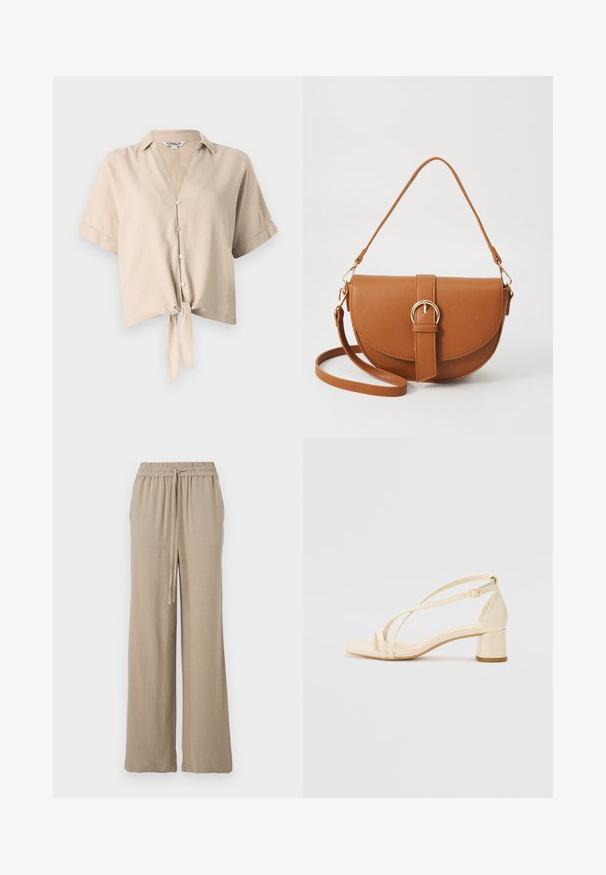 Beige avskåret skjorte med korte ermer, vertikal krage, knappestilling og en knyttedetalj foran. Laget av lett stoff.; Beige vide bukser laget av et lett materiale. Har en elastisk midjebånd med snor og sidelommer. Glatt tekstur.; Beige hæl-sandaler med blokhæl, rem-design og justerbar ankelrem, lavet af glat syntetisk materiale med mat finish.; Brun lærcrossbody-veske med en buet form, gullhardware og et spenneakcent. Har en avtakbar skulderreim.