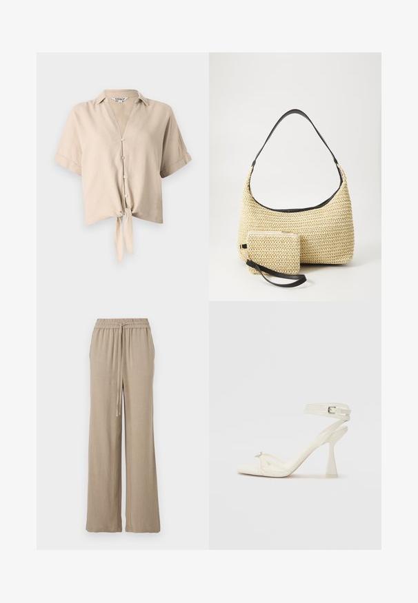 Cămașă bej scurtă cu mâneci scurte, guler vertical, închidere cu nasturi și detaliu cu nod legat în față. Fabricată dintr-un material ușor.; Pantaloni bej cu picioare largi, confecționați dintr-un material ușor. Au un brâu elastic cu șnur și buzunare laterale. Textură netedă.; Sandalele cu toc înalt, cu bretele, din piele albă, cu un design elegant, toc transparent și un element decorativ la vârf.; Geantă din paie țesută, cu o siluetă curbată, având o curea din piele neagră netedă și un plic mic asortat, atașat printr-un breloc pentru încheietură.
