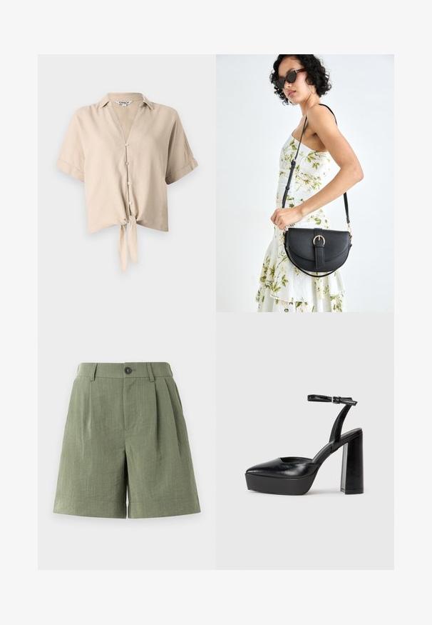 Cămașă bej scurtă cu mâneci scurte, guler vertical, închidere cu nasturi și detaliu cu nod legat în față. Fabricată dintr-un material ușor.; Șorturi plisate verzi dintr-un material texturat. Prezintă un închizător cu buton și o margine dreaptă, având o tăietură ajustată.; Pantofi cu toc platformă negri, cu vârful ascuțit și curea reglabilă la gleznă. Confecționați din piele netedă, având un toc gros.; Geantă din piele neagră, cu o formă curbată, curea detașabilă și accesorii aurii. Geanta are un capac cu un detaliu tip cataramă.