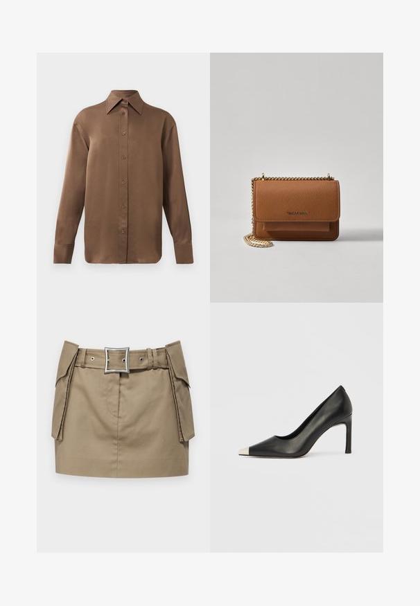 Hnedá košeľa s dlhým rukávom, so zapínaním na gombíky, s špicatým golierom a manžetami, vystavená na jednoduchom bielom pozadí.; Khaki mini sukňa s širokým opaskom s hranatou striebornou prackou, bočnými vreckami a hladkým, odolným materiálom.; Čierna kožená lodička s vysokým opätkom, špičkou a kovovou striebornou špičkou. Má hladký povrch a štíhly 10 cm opätok.; Hnedá textúrovaná kožená taška cez telo s zlatým reťazovým popruhom a preklopným uzáverom. Predná strana obsahuje detail s logom a vrecko pod preklopkou.