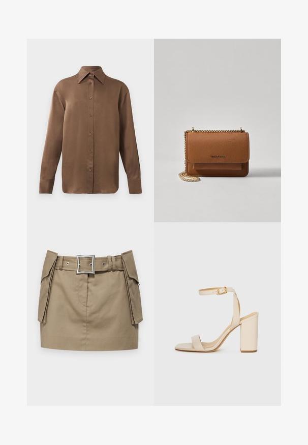 Ruda ilgų rankovių marškiniai su sagomis ir smailiais apykakle bei rankogaliais, išdėstyti prieš paprastą baltą foną.; Kaki mini sijonas su plačiu diržu, turinčiu kvadratinį sidabrinį sagtį, šoniniais kišenėmis ir lygia, patvarių audinių tekstūra.; Bežinės aukštakulnės šlepetės su kvadratiniu носu, plona kulkšnies juosta ir blokiniu kulnu. Lygus odos tekstūra su aukso sagte.; Ruda tekstūruota odinė per petį nešama rankinė su auksiniu grandininiu dirželiu ir užlenkiamo užsegimo. Priekinėje pusėje yra logotipo detalė ir kišenė po užlenkimu.