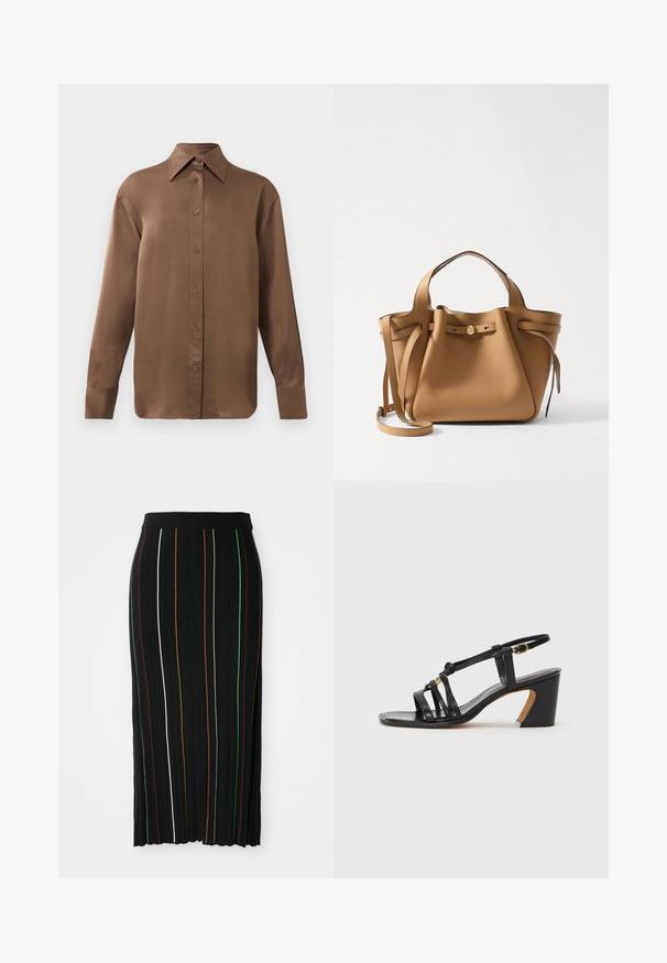 Chemise marron à manches longues avec un col et des poignets pointus, présentée sur un fond blanc uni.; Jupe plissée noire avec des rayures verticales jaune, orange, rouge, vert et blanche. Présente une taille ajustée et un ourlet légèrement irrégulier.; Paul Smith AMIRA - Escarpins - black; Tory Burch ROMY PEBBLED SATCHEL - Sac à main - tiramisu