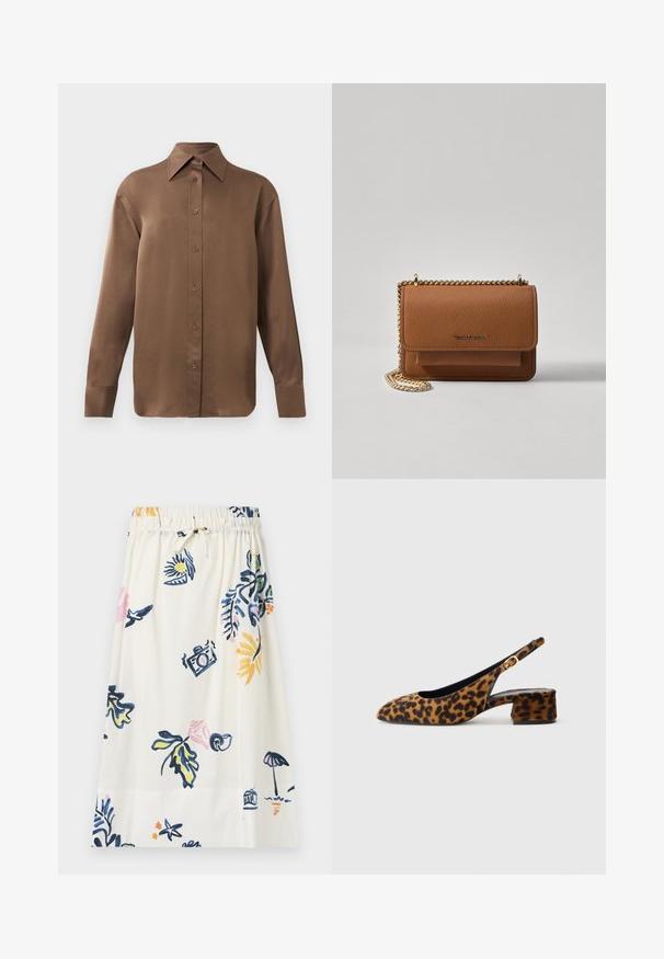 Camicia marrone a maniche lunghe con bottone, colletto e polsini a punta, esposta su uno sfondo bianco uniforme.; Gonna bianca al ginocchio con stampa floreale e iconografica nei colori blu, rosa e giallo. Vita elastica con dettaglio a fiocco.; Scarpa slingback da donna in stampa leopardata con tacco basso a blocco e fibbia dorata sul cinturino laterale, mostrata in profilo su sfondo semplice.; Borsa a tracolla in pelle marrone con texture, dotata di catena dorata e chiusura a pattina. Sul davanti presenta un dettaglio con logo e una tasca sotto la pattina.