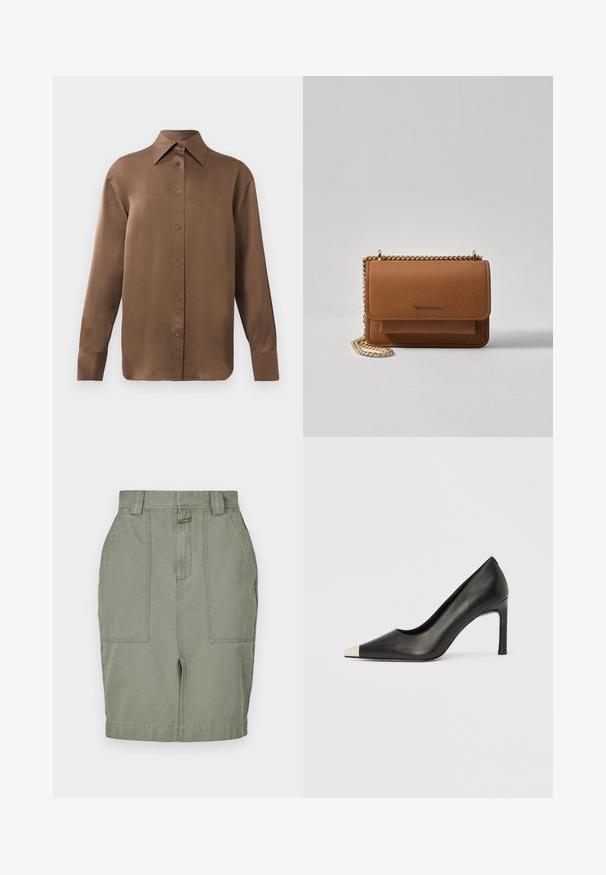 Pruun pikkade varrukatega nööbitav särk terava krae ja mansettidega, esitatud lihtsa valge tausta ees.; Khaki puuvillane seelik sirge lõikega, kahe esipocketiga, lõppklausliga ja vöökohaga. Sile tekstuur kerge sädelusega.; Mustast nahast kõrge kontsaga king terava varba ja metallik hõbedase otsikuga. Iseloomustab sile viimistlus ja sihvakas 10 cm konts.; Pruun tekstureeritud nahk ristkeha kott kuldse ahelaga rihmaga ja klapiga sulgemine. Esiküljel on logo detail ja tasku klapi all.
