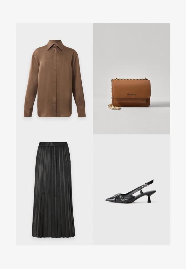 Pruun pikkade varrukatega nööbitav särk terava krae ja mansettidega, esitatud lihtsa valge tausta ees.; Mustra mustriga mustriga mustrid mitmekihiline, must värvliga, elastse vöökohtadega ja vertikaalsete voltidega, esiosas V-kujulise õmbluse detailiga.; Must must have must toote tõmblukuga, dekoratiivsed rihmad metallist silmadega ja madal blokk-kand. Tekstureeritud pind.; Pruun tekstureeritud nahk ristkeha kott kuldse ahelaga rihmaga ja klapiga sulgemine. Esiküljel on logo detail ja tasku klapi all.