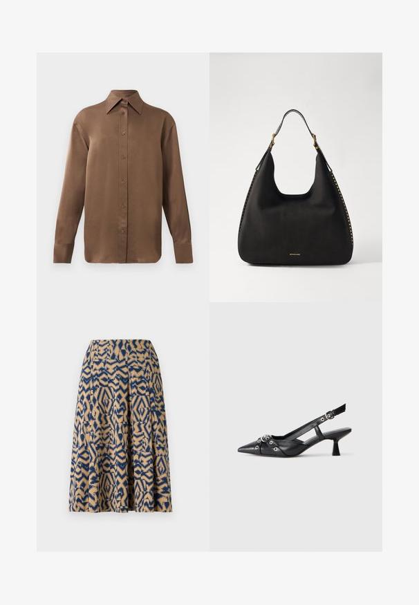 Brūns garās piedurknes pogājamais krekls ar norādītu apkakli un aprocēm, izlikts pret vienkāršu baltu fonu.; Kleitas līdz ceļiem, kas rotāta ar ģeometrisku rakstu tumši zilā un bēšā krāsā, ar krokām un gludu tekstūru.; Melnas ādas šlipsveida kurpes ar norādītu purngalu, dekoratīvām joslām ar metāla acīm un zemu bloku papēdi. Teksturēta virsma.; MICHAEL Michael Kors NOLITA HOBO  - Rokassoma - black