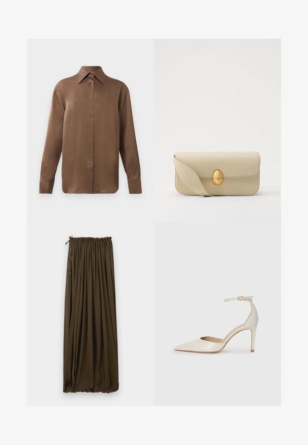 Καφέ μακρυμάνικο πουκάμισο με κουμπιά και μυτερό γιακά και μανσέτες, τοποθετημένο σε λευκό φόντο.; Μακριά φούστα σε σκούρο καφέ χρώμα, φτιαγμένη από ελαφρύ ύφασμα με ελαστική μέση και πτυχώσεις, προσφέροντας μια ρευστή εμφάνιση.; Λευκό δερμάτινο ψηλοτάκουνο παπούτσι με μυτερή μύτη, λουρί στον αστράγαλο και λεπτό τακούνι στιλέτο. Λείος υφή με διακριτική γυαλιστερή επιφάνεια.; Μπεζ δερμάτινη τσάντα χειρός με απαλή υφή, ορθογώνιο σχήμα και χρυσό οβάλ κούμπωμα. Διαθέτει μακρύ, ρυθμιζόμενο λουρί.