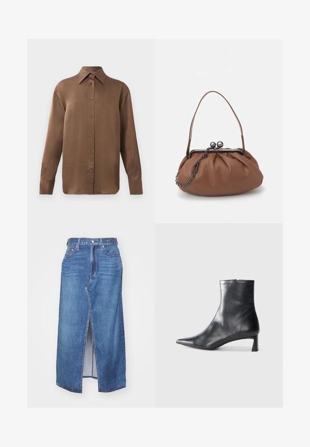 Brown long-sleeve button-up shirt with pointed collar and cuffs, displayed against a plain white background.; Denim skirt in light blue with a front slit, high waist, and classic five-pocket design. Features metal hardware and stitching accents.; Black leather ankle boot with a pointed toe and a sleek design. Features a low heel and a zipper closure at the back. Smooth texture.; Brown leather handbag with a gathered design, a short leather handle, and a chain strap. Features a silver metal clasp with two round accents.