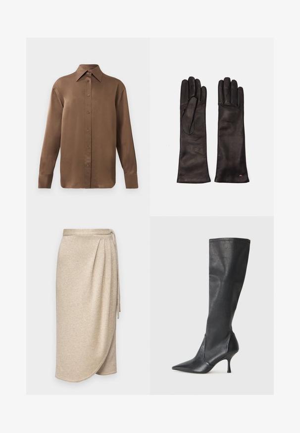 Brown long-sleeve button-up shirt with pointed collar and cuffs, displayed against a plain white background.; Beige wrap skirt made of soft, textured fabric with a subtle shimmer. Features a tied waist and draped design with a hem that curves gently.; Knee-high black leather boots with a pointed toe and a slim stiletto heel. Smooth texture with a fitted design and stitching at the top edge.; Weekend Max Mara SENAPE - Gloves - nero