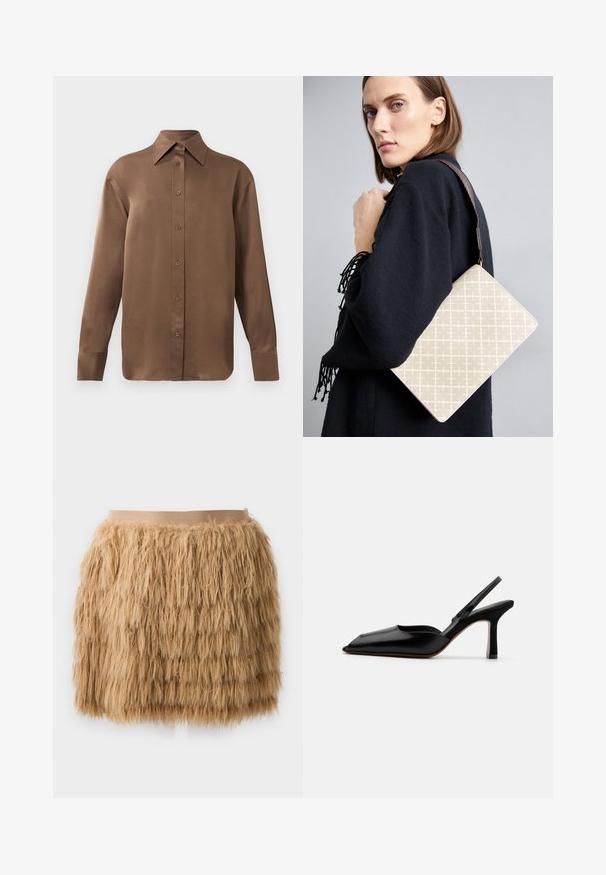 Hnědá košile s dlouhým rukávem, zapínaná na knoflíky, s špičatým límcem a manžetami, vystavená na jednobarevném bílém pozadí.; Sukně z umělé kožešiny v odstínu tan, s chlupatou texturou. Disponuje hladkým, širokým pasem a vrstveným designem pro zvýšení objemu.; Černé kožené slingback podpatky s špičatou špičkou, minimalistický design, tenký popruh kolem kotníku a štíhlý jehlový podpatek. Hladká textura.; Beige vzorovaná kabelka přes rameno se strukturovaným tvarem, obsahující hnědý texturovaný popruh. Nosená modelem na šedém pozadí.