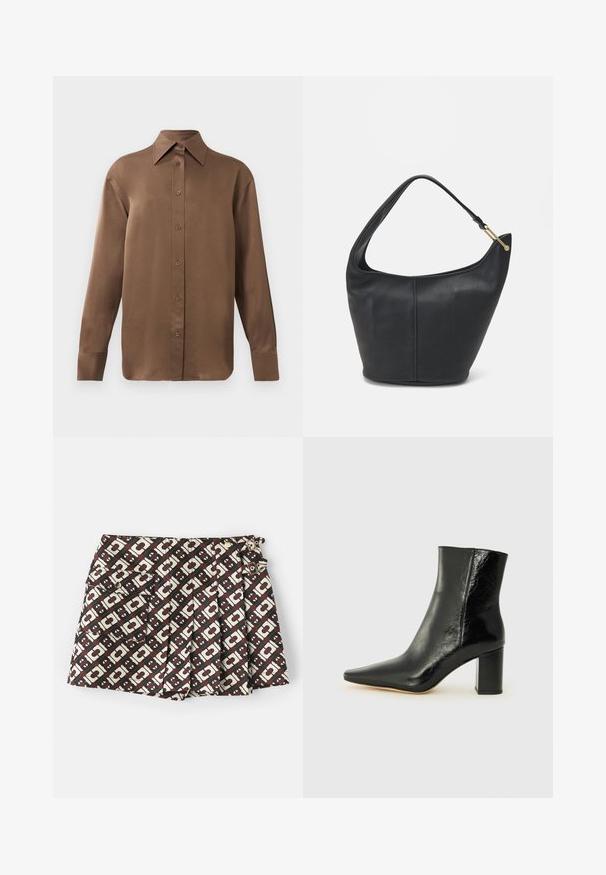 Rjav dolg rokav s srajco s gumbi in koničastimi ovratniki in manšetami, prikazana na enostavni beli podlagi.; Krajcni kratki hlače z rjavo in smetano geometrijskim vzorcem, dvema stranskima žepoma in zlatimi dodatki. Tkanina ima gladko teksturo.; Črne gležnjarje iz sijoče usnje s koničastim nosom in masivnim kvadratnim peto. Imajo gladko teksturo in minimalističen dizajn.; Črna usnjena torbica ovalne oblike, s širokim pasom in teksturirano površino. Ima subtilno šivano podrobnost in zlate dodatke.