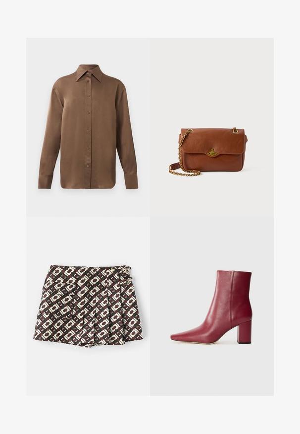 Brun långärmad skjorta med knäppning, spettdetalj på kragen och manschetterna, uppvisad mot en vit bakgrund.; Märkes-shortsen har ett brunt och krämfärgat geometriskt mönster, två sidofickor och guldiga detaljer. Tyget har en slät textur.; Burgundy läderankelboot med spetsig tå, klack av blocktyp och slät textur, med en sömlös design utan synlig hårdvara.; Brun lädercrossbodyväska med klaffstängning, guldfärgad hårdvara och kedjesnodd. Slät textur, rektangulär form, minimal detaljering.