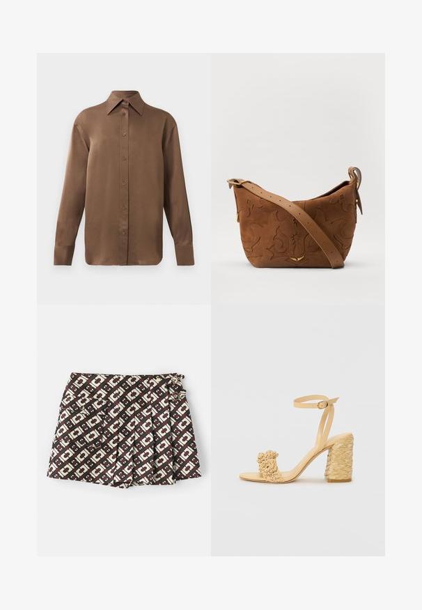 Brązowa, długosleeve koszula z guzikami, z ostrym kołnierzykiem i mankietami, prezentowana na jednolitym białym tle.; Spodenki markowe z brązowym i kremowym geometrycznym wzorem, dwoma bocznymi kieszeniami i złotymi akcentami. Tkanina ma gładką fakturę.; Beżowe sandały na wysokim obcasie o plecionym wzorze, z dekoracyjnym kwiatem i paskiem na kostkę. Kwadratowy obcas zwiększa stabilność.; Brązowa zamszowa torba na ramię z wytłoczonym kwiatowym wzorem, uzupełniona gładkim, brązowym skórzanym paskiem i akcentami w kolorze złota.