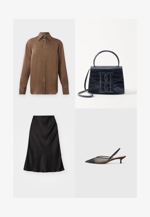 Brown long-sleeve button-up shirt with pointed collar and cuffs, displayed against a plain white background.; Black satin slip skirt with a smooth texture, flared shape, and an elastic waistband. Minimalist design, no additional patterns or accents.; NEOUS IRENA - Classic heels - black; Black crocodile-embossed leather handbag with a structured design, top handle, adjustable strap, and a prominent front logo detail.