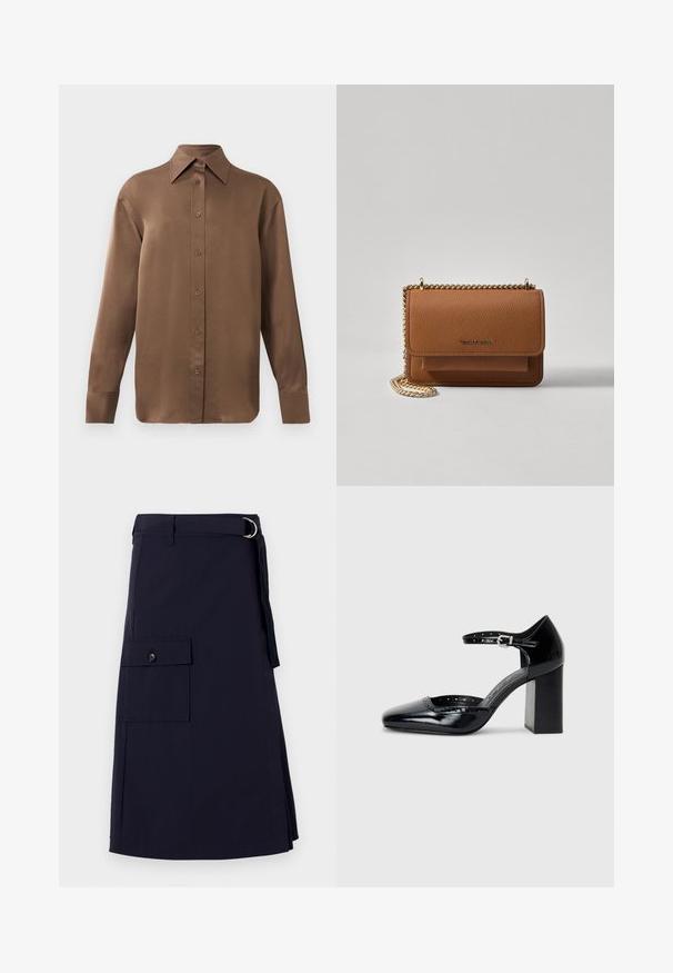 Braunes Langarmhemd mit Knopfverschluss, spitzem Kragen und Manschetten, vor einem schlichten weißen Hintergrund präsentiert.; Marineblaue Rock mit strukturiertem Design, ausgestattet mit einer seitlichen Cargo-Tasche und einem Metall-D-Ring-Gürtelakzent. Hergestellt aus strapazierfähigem Stoff.; Schwarze patentierte Leder-High Heels mit quadratischer Zehenform, Knöchelriemchen und dicker Absatz. Enthält durchbrochene Details entlang des Randes.; Braune strukturierte Ledertasche mit goldener Kettenriemen und Klappenverschluss. Die Vorderseite zeigt ein Logo-Detail und eine Tasche unter der Klappe.