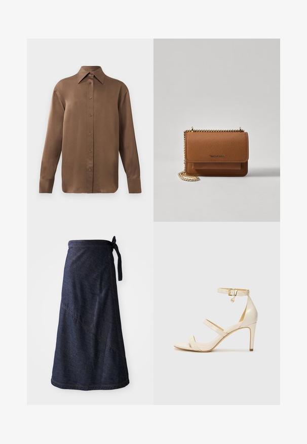 Brun långärmad skjorta med knäppning, spettdetalj på kragen och manschetterna, uppvisad mot en vit bakgrund.; Mörkblå denim omslagskjol med knyt i midjan, med diagonala sömmar och en slät yta. Längden sträcker sig precis under knäet.; Beige högklackade sandaler med smal fotledsrem och två övre remmar. Blanka lackfinish och guldfärgade detaljer på fotledsremmen.; Brun texturerad läder crossbody-väska med guldkedja och klaffstängning. Framsidan har logotypdetalj och en ficka under klaffen.