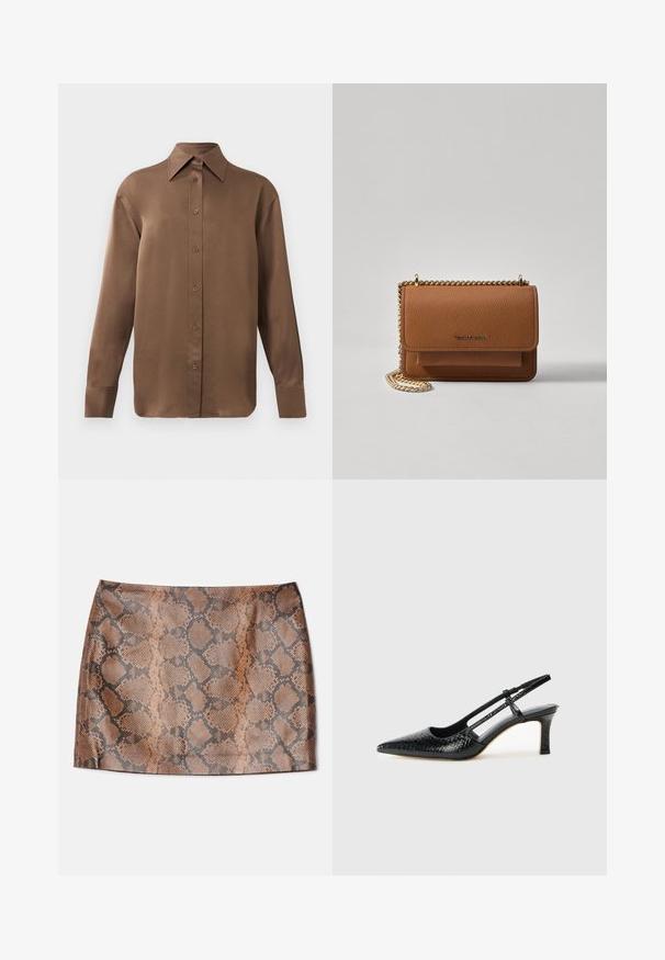 Rjav dolg rokav s srajco s gumbi in koničastimi ovratniki in manšetami, prikazana na enostavni beli podlagi.; Alice + Olivia ELANA SNAKE SKIRT - Mini krilo - camel/black; Črne lakaste slingback pete s koničastim nosom, ki imajo teksturiran vzorec kačje kože, nastavljiv trak in kratek teksturiran blok peto.; Rjava teksturirana usnjena torba čez ramo z zlatim verižnim trakom in zapiranjem na pokrov. Spredaj je vidna podrobnost logotipa in žep pod pokrovom.