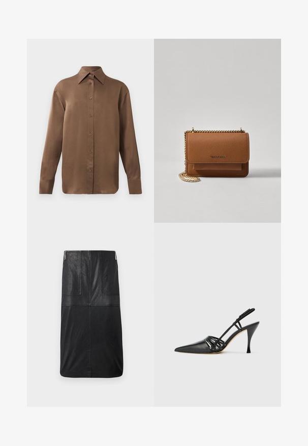Braunes Langarmhemd mit Knopfverschluss, spitzem Kragen und Manschetten, vor einem schlichten weißen Hintergrund präsentiert.; Schwarzer Leder-Bleistiftrock, knielang, mit glatter Textur, vertikalen Nahtdetails und einem diskreten seitlichen Reißverschluss.; Schwarze Leder-Slingback-Pumps mit spitzem Zehenbereich, über Kreuz verlaufendem Riemendesign und schmalem Stiletto-Absatz. Glatte Oberfläche und minimalistische Akzente.; Braune strukturierte Ledertasche mit goldener Kettenriemen und Klappenverschluss. Die Vorderseite zeigt ein Logo-Detail und eine Tasche unter der Klappe.