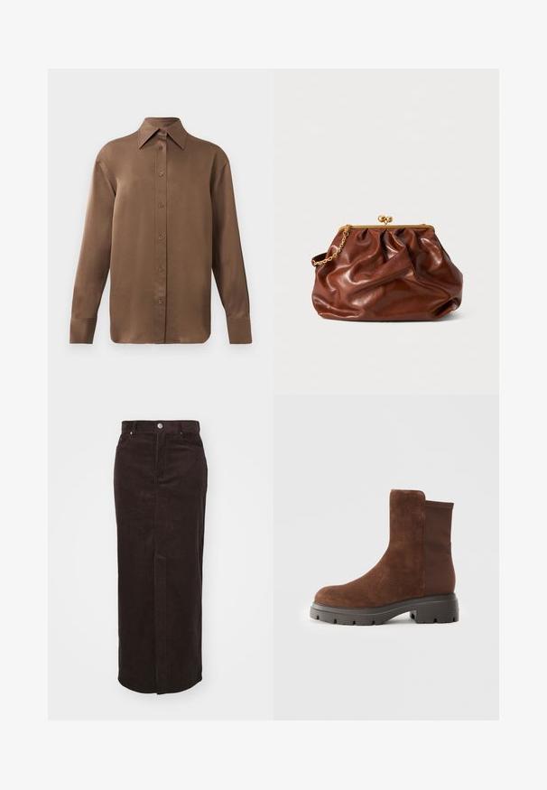 Brown long-sleeve button-up shirt with pointed collar and cuffs, displayed against a plain white background.; Brown corduroy maxi skirt featuring vertical ribbing, a straight cut, front button closure, and two side pockets.; Brown suede ankle boot with elastic side panels, rounded toe, and a thick rubber sole featuring a textured tread pattern.; Brown leather clutch bag with gold clasp frame and short gold chain handle, featuring a soft, gathered texture on a white background.
