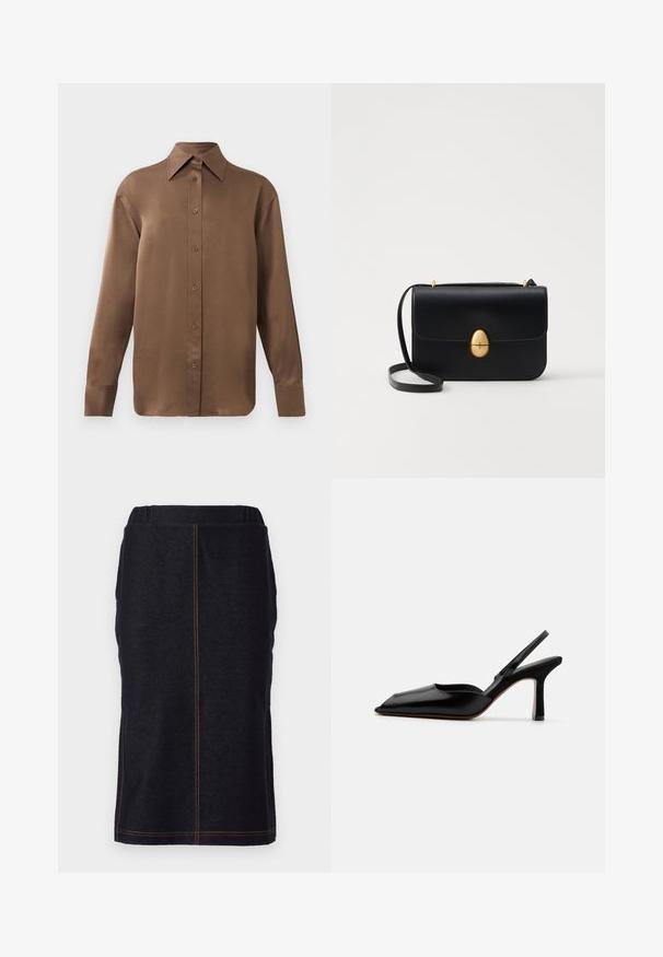 Ruda ilgų rankovių marškiniai su sagomis ir smailiais apykakle bei rankogaliais, išdėstyti prieš paprastą baltą foną.; Tamsiai mėlynas džinsinis pieštuko sijonas su tiesiu įpjovimu ir šoninėmis plyšiais, pasižymintis kontrastinga oranžine siūlelių linija palei siūles. Lankstus juosmuo komfortui.; Juodas odinis slingback kulnas su smailiu nosiu, minimalizmo stilius, plonas kulkšnies dirželis ir elegantiškas stiletto kulnas. Lygus paviršius.; Juodas odinis rankinukas su struktūrine stačiakampio forma. Yra auksinė ovali sagtis ir plona petneša. Glotni tekstūra.