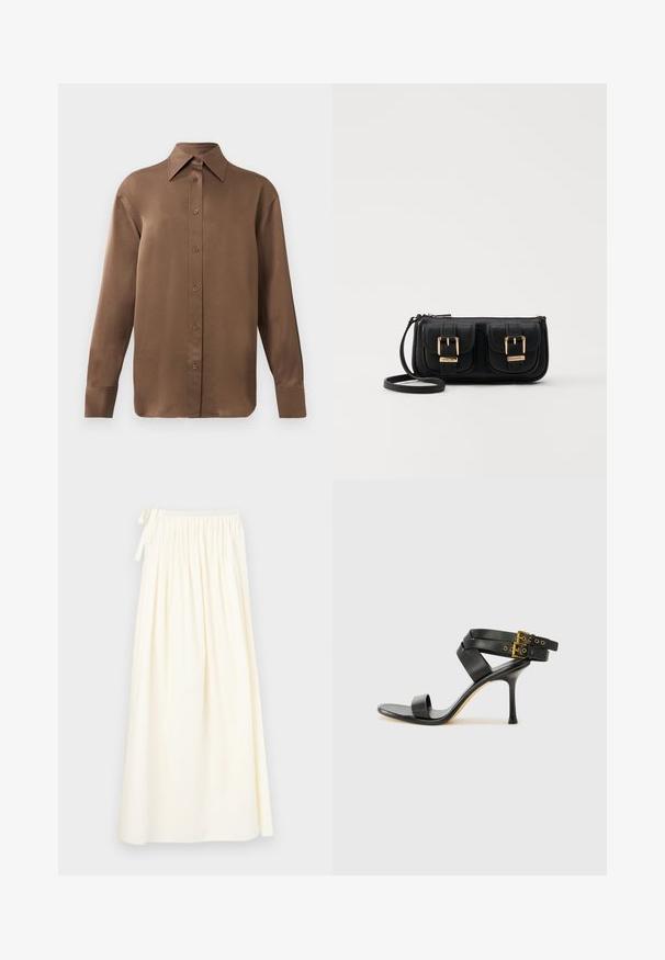 Braunes Langarmhemd mit Knopfverschluss, spitzem Kragen und Manschetten, vor einem schlichten weißen Hintergrund präsentiert.; Langer, cremefarbener Rock aus leichtem Stoff; verfügt über einen elastischen Bund mit Kordel und ein fließendes Design mit minimaler Textur.; Schwarze Absatzsandale mit gekreuzten Riemen und verstellbarem Schnallenverschluss. Sie verfügt über eine glatte Textur und einen schmalen Stiletto-Absatz.; Schwarze Leder-Umhängetasche mit zwei vorderen Taschen, goldenen Schnallen, Reißverschluss und einem schmalen Tragegurt. Texturierte Oberfläche und kompakte rechteckige Form.