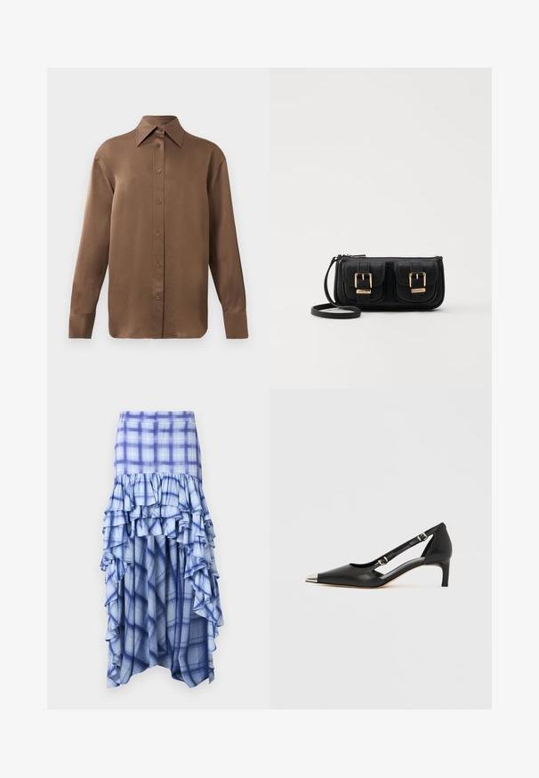 Cămașă lungă cu mânecă, de culoare maro, cu guler și manșete ascuțite, prezentată pe un fundal alb simplu.; Fustă cu carouri albastre, cu volane suprapuse, având nuanțe variate de albastru și modele în carouri albastre și albe. Fabrică ușoară, cu design până la gleznă.; Pantof de damă din piele neagră cu toc kitten, vârf ascuțit argintiu și două curele cu cataramă, pe fundal alb.; Geantă neagră din piele, tip crossbody, cu două buzunare frontale, catarame aurii, închidere cu fermoar și o curea subțire. Suprafață texturată și formă rectangulară compactă.