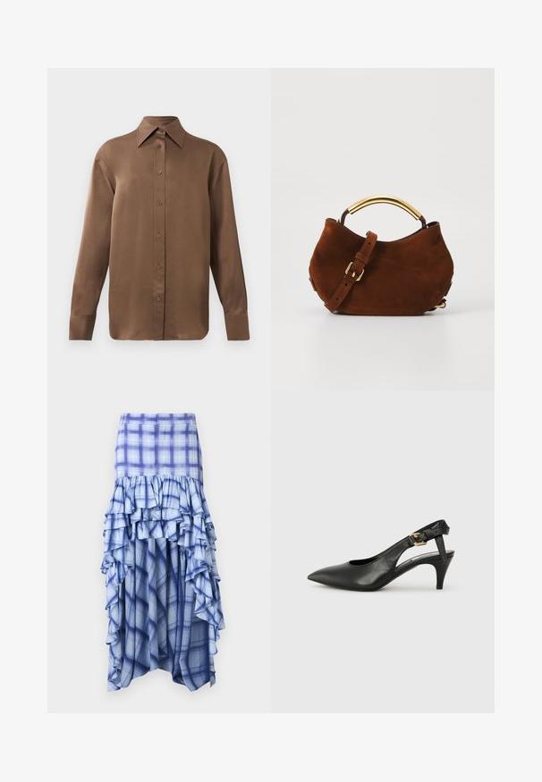 Cămașă lungă cu mânecă, de culoare maro, cu guler și manșete ascuțite, prezentată pe un fundal alb simplu.; Fustă cu carouri albastre, cu volane suprapuse, având nuanțe variate de albastru și modele în carouri albastre și albe. Fabrică ușoară, cu design până la gleznă.; Pantofii slingback din piele neagră, cu vârf ascuțit, toc mic și detaliu cu cataramă pe brățara gleznei. Textură netedă, design minimalist.; Geantă din suede maro cu un mâner curbat din metal auriu, curea ajustabilă și textură moale. Prezintă un design minimal și fără elemente de fixare vizibile.