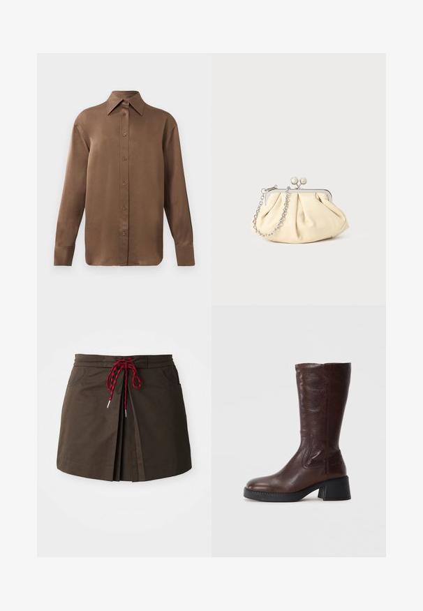 Ruda ilgų rankovių marškiniai su sagomis ir smailiais apykakle bei rankogaliais, išdėstyti prieš paprastą baltą foną.; Rudas audinys sijonas su klostuotu dizainu, raudona ir juoda raištelių liemeni, ir dviem priekinėmis kišenėmis. Paprastas ir funkcionalus stilius.; Rudos odinės iki kelio bootai su tekstūruotu paviršiumi, kvadratiniu smailumu ir žemu blokiniu kulnu. Yra šoninės siūlės ir šiek tiek platėjantis viršus.; Plyšiniai smėlio spalvos odiniai rankinukai su sidabriniu metaliniu rėmu, turintys du apvalius dekoratyvinius užtrauktukus ir sidabrinę grandinėlę.