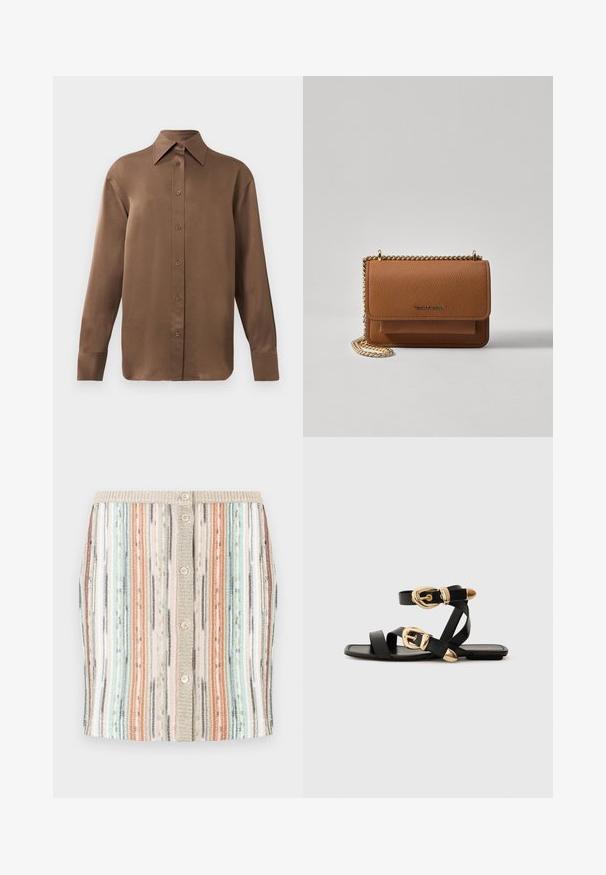 Rjav dolg rokav s srajco s gumbi in koničastimi ovratniki in manšetami, prikazana na enostavni beli podlagi.; Črtasta pletena krila v pastelnih barvah, vključno z metino zeleno, koralno in bež. Ima sprednje gumbe in teksturiran pas.; Črne usnjene sandale z zlatimi zaponkami, ki imajo več trakov in ravno podplati za nošenje brez prstov.; Rjava teksturirana usnjena torba čez ramo z zlatim verižnim trakom in zapiranjem na pokrov. Spredaj je vidna podrobnost logotipa in žep pod pokrovom.