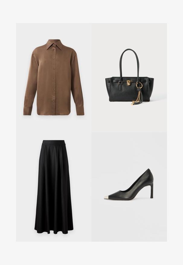 Hnedá košeľa s dlhým rukávom, so zapínaním na gombíky, s špicatým golierom a manžetami, vystavená na jednoduchom bielom pozadí.; Čierna sukňa až po zem s hladkou textúrou, širokým pásom a plisovaným dizajnom, bez viditeľných vzorov alebo ozdôb.; Čierna kožená lodička s vysokým opätkom, špičkou a kovovou striebornou špičkou. Má hladký povrch a štíhly 10 cm opätok.; Čierna kožená kabelka s dvojitými uchami, zlatým zámkom a reťazovým detailom, a čierno-bielym strapcom na bielom pozadí.