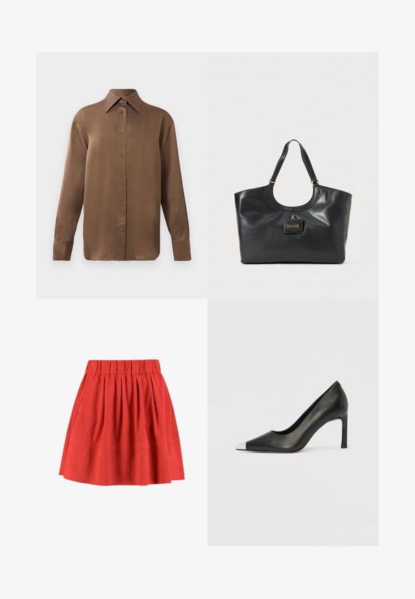 Camisa de botones de manga larga marrón con cuello y puños puntiagudos, exhibida sobre un fondo blanco liso.; Moves KIA - Falda plisada - mineral red; Zapato de tacón alto de cuero negro con punta en forma de pico y una tapa metálica plateada. Presenta un acabado suave y un tacón delgado de 10 cm.; Bolso tote de cuero negro con acabado brillante, parte superior curva, dos asas para el hombro y un detalle en tono dorado en la parte frontal.
