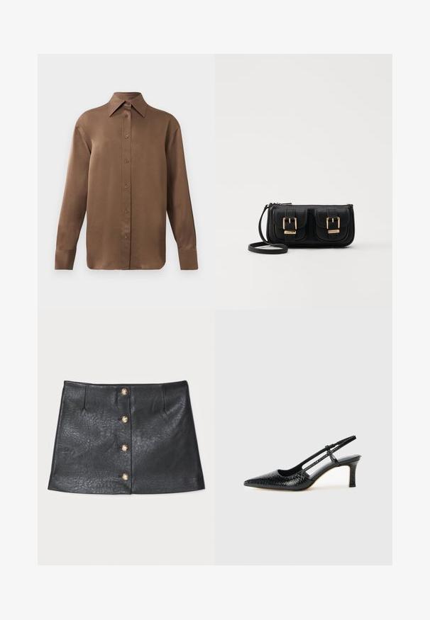 Hnedá košeľa s dlhým rukávom, so zapínaním na gombíky, s špicatým golierom a manžetami, vystavená na jednoduchom bielom pozadí.; Čierna kožená mini sukňa s elegantným dizajnom, predným zapínaním na gombík so zlatými akcentmi a textúrovaným povrchom s jemným leskom.; Čierne patentové slingback topánky na ihlovom podpätku s špicatou špičkou, s textúrovaným hadím vzorom, nastaviteľným popruhom a krátkym, textúrovaným blokovým podpätkom.; Čierna kožená crossbody taška s dvoma prednými vreckami, zlatými sponami, zipsovým uzatváraním a úzkym popruhom. Štruktúrovaný povrch a kompaktný obdĺžnikový tvar.