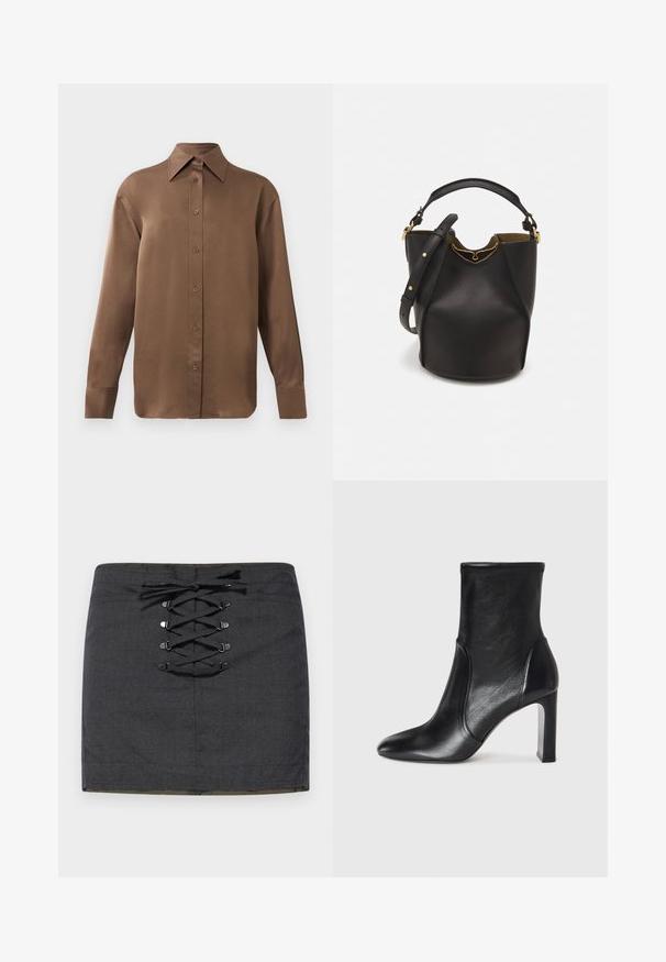 Brūns garās piedurknes pogājamais krekls ar norādītu apkakli un aprocēm, izlikts pret vienkāršu baltu fonu.; Tumši pelēks mini svārks ar priekšējo mežģīņu detaļu un metāla piederumiem. Gluda tekstūra, pieguļošs siluets un vidējas augstuma jostasvieta.; Melnas ādas potītes zābaks ar elegantu dizainu, norādītu pirkstu un augstu kvadrātveida papēdi. Ir gluda tekstūra un minimālisma šuvju detaļas.; Melnas ādas spainīša somas ar teksturētu apdari, zelta metāla aksesuāriem un atvērtu augšu. Piedāvā īsu rokturi un regulējamu plecu siksnu.