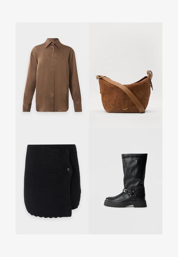 Braunes Langarmhemd mit Knopfverschluss, spitzem Kragen und Manschetten, vor einem schlichten weißen Hintergrund präsentiert.; Schwarzer gestrickter Überwurf mit einem strukturierten Muster, das einen gewellten Saum und zwei schwarze Knöpfe zum Schließen auf einer Seite aufweist.; Schwarze knielange Stiefel aus glattem Leder, mit einer Schnallenakzentuierung an der Seite und einer dicken, strukturierten Sohle für besseren Halt.; Braune Wildleder-Schultertasche mit geprägtem floralen Design, ergänzt durch einen glatten braunen Ledertrageriemen und goldfarbenen Hardware-Akzenten.
