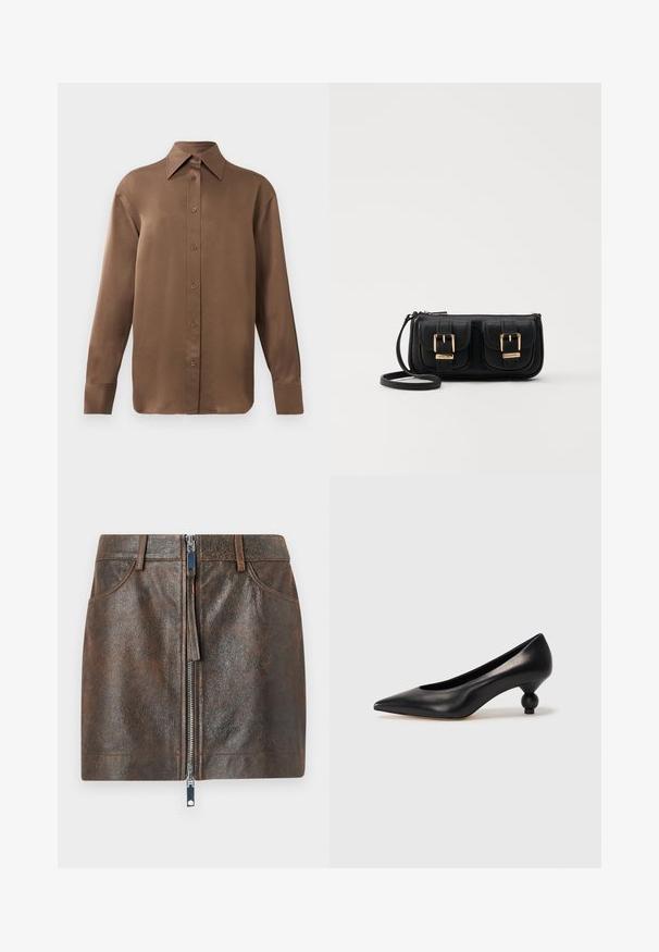 Brūns garās piedurknes pogājamais krekls ar norādītu apkakli un aprocēm, izlikts pret vienkāršu baltu fonu.; Brūnas ādas mini svārki ar spīdīgu rāvējslēdzēja priekšpusi, divām sānu kabatām un teksturētu virsmu. Raksturīga izteikta forma un standarta jostasvieta.; Melnas ādas augstpapēžu kurpes ar smailu purngalu un apaļu papēdi. Gluda tekstūra ar elegantu, minimālistisku dizainu.; Melnas ādas crossbody soma ar divām priekšējām kabatām, zelta sprādzēm, ar rāvējslēdzēju aizdari un šauru siksnu. Strukturēta virsma un kompakta taisnstūra forma.