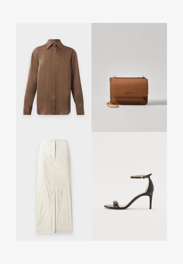 Cămașă lungă cu mânecă, de culoare maro, cu guler și manșete ascuțite, prezentată pe un fundal alb simplu.; Fustă de culoare bej deschis, până la genunchi, confecționată dintr-un material texturat, neted. Dispune de o fanta frontală și un sistem de închidere cu nasture la talie.; Sandale cu toc înalt din piele neagră, cu barete pentru glezne. Prezintă o textură netedă, vârf deschis și un toc subțire. Detalii cu cataramă de culoare aurie.; Geantă crossbody din piele texturată maro, cu curea din lanț aurit și închidere cu clapetă. Partea din față prezintă detalii cu logo și o buzunar sub clapetă.